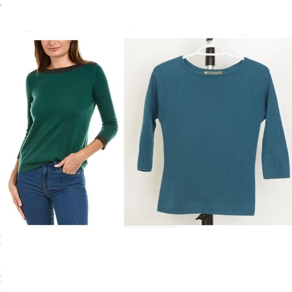 InCashmere 100% Cashmere Blue Boatneck 3/4‎ Sleeve Pullover Sweater Sz S